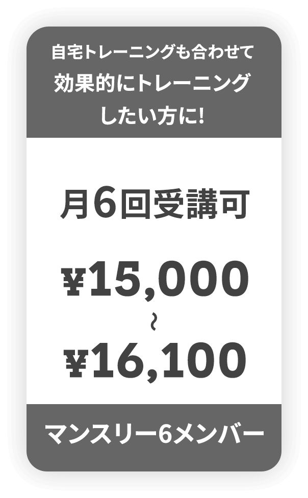 自宅トレーニングも合わせて 効果的にトレーニング したい方に! 月6回受講可 ¥15,000～¥16,100 マンスリー6メンバー