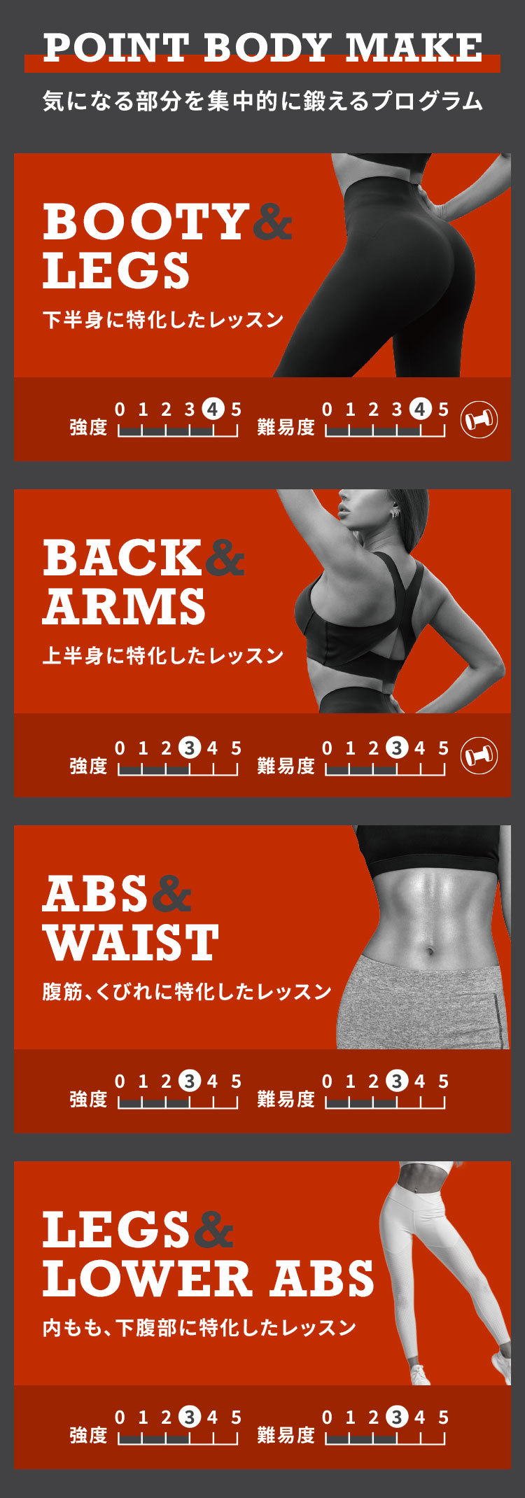 POINT BODY MAKE 気になる部分を集中的に鍛えるプログラム BOOTY&LEGS 下半身に特化したレッスン BACK&ARMS 上半身に特化したレッスン ABS&WAIST 腹筋、くびれに特化したレッスン LEGS&LOWER ABS 内もも、下腹部に特化したレッスン