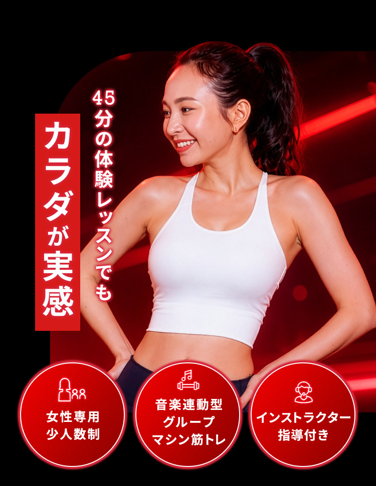 45分の体験レッスンでも カラダが実感 女性専用少人数制 音楽連動型グループマシン筋トレ インストラクター指導付き